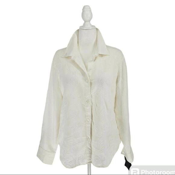 Liz Claiborne Shirt Womens Size 14 Bright White 100% Linen Floral Embroidery NEW - Picture 1 of 10